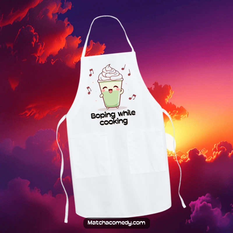 Funny matcha latte cup bobbing rhythmically to music, making this apron a cheerful kitchen companion.