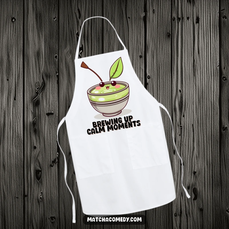 Funny Kawaii Matcha Bowl Apron: A humorous and practical kitchen accessory with a cute character amused by a floating leaf.