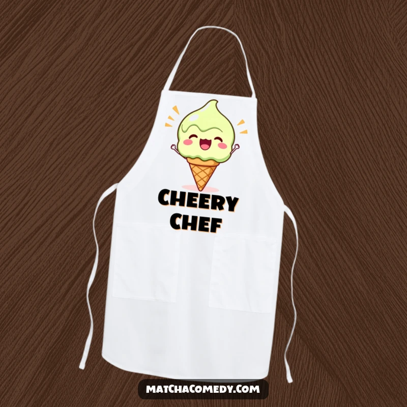 Funny Kawaii Matcha Ice Cream Apron: A cute matcha ice cream cone cheering enthusiastically, perfect for kitchen duty.