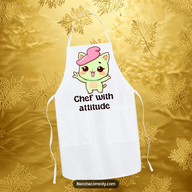 Funny matcha sweet apron showing a character striking a funny pose with tongue playfully sticking out, perfect for kitchen fun, a great funny gift for chefs.