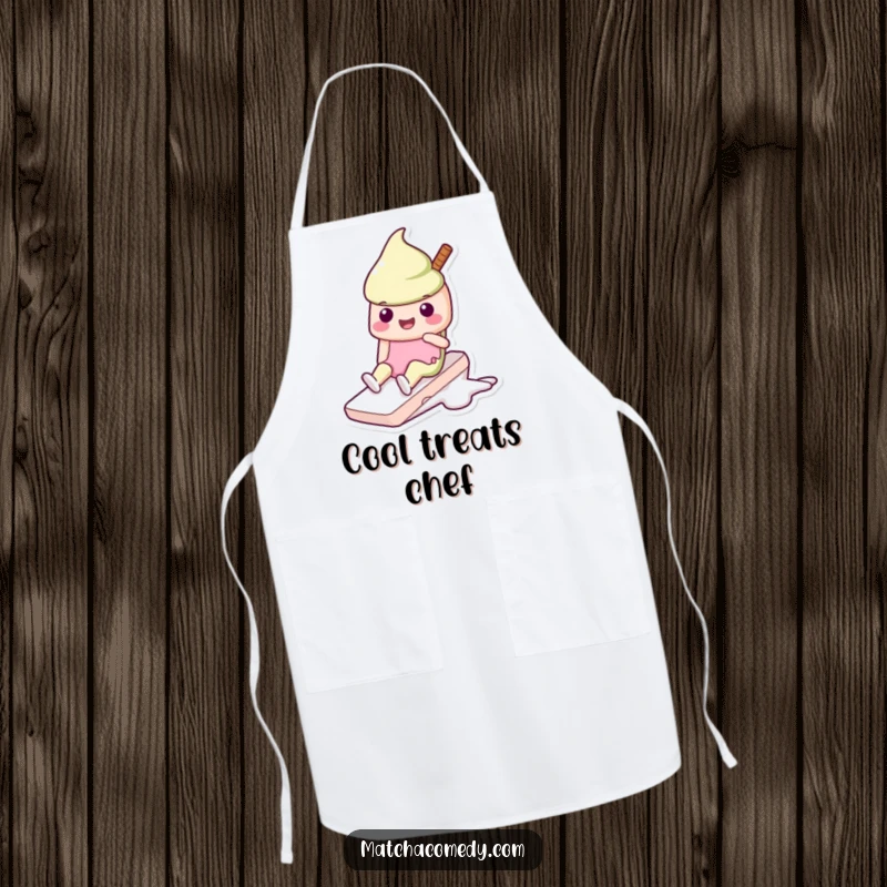 Funny Kawaii matcha ice cream apron with a character happily sliding, perfect for cooking and baking with a sweet touch.
