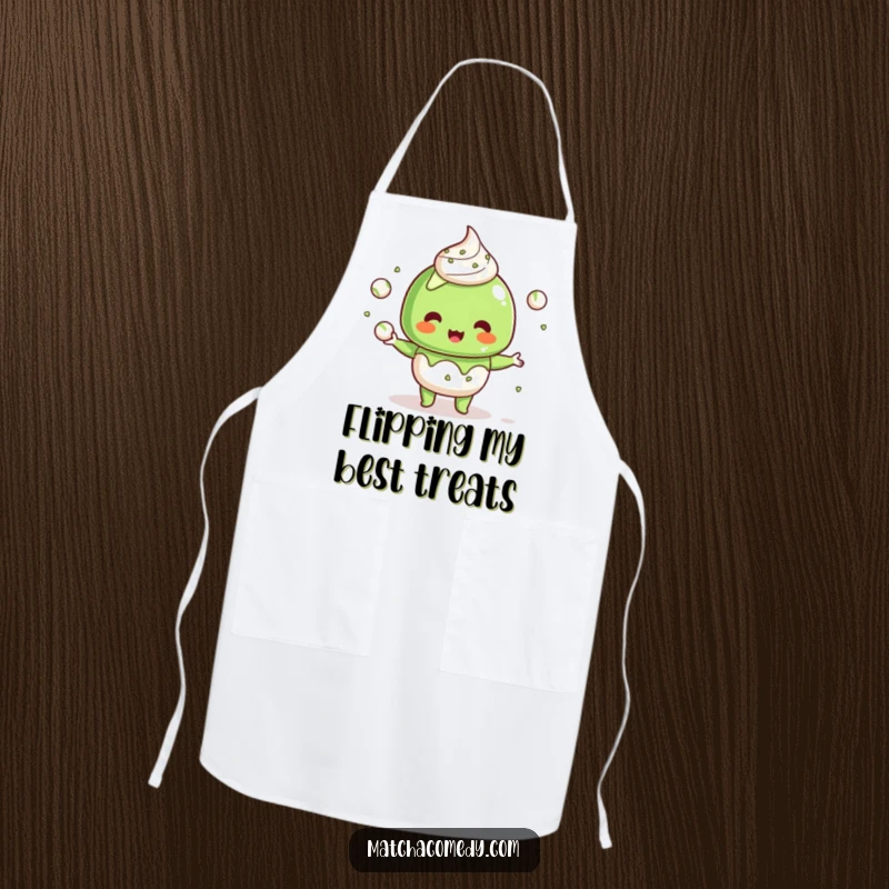 Funny Kawaii Matcha Dessert Apron: A humorous and practical kitchen accessory with a cute character juggling small matcha balls.