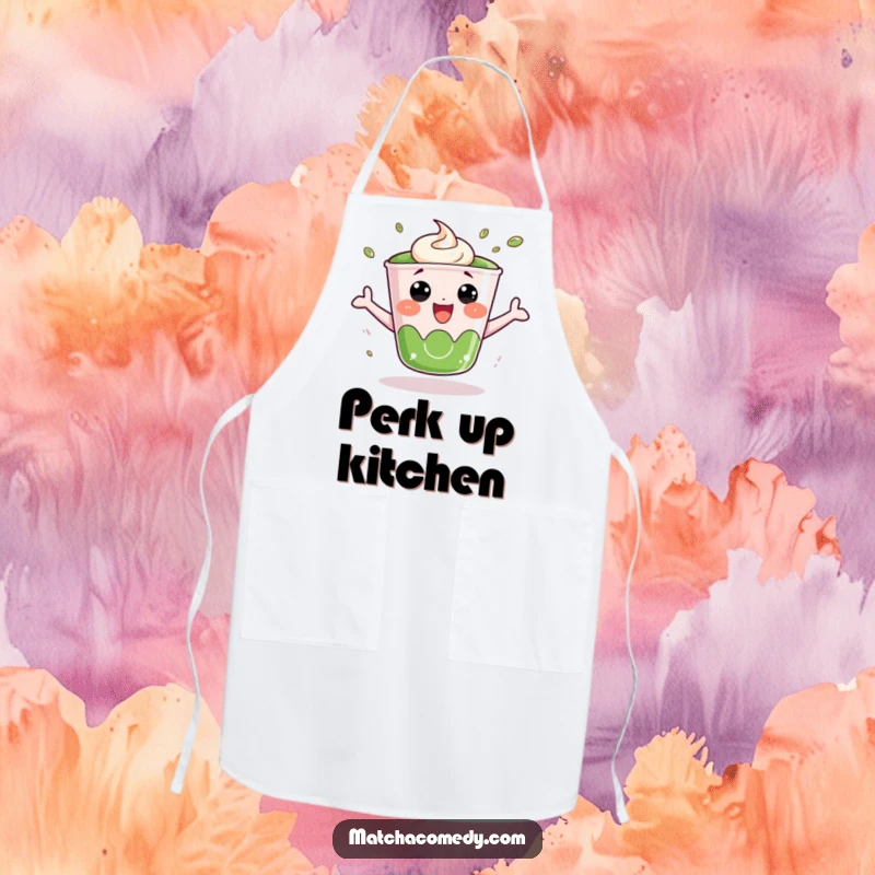 Funny Matcha Cup Apron: A kawaii matcha cup bounces with excitement, making kitchen tasks feel more joyful.