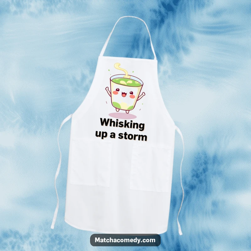 Funny Apron showing an excited kawaii matcha tea cup bouncing energetically, ideal for chefs who love vibrant energy.