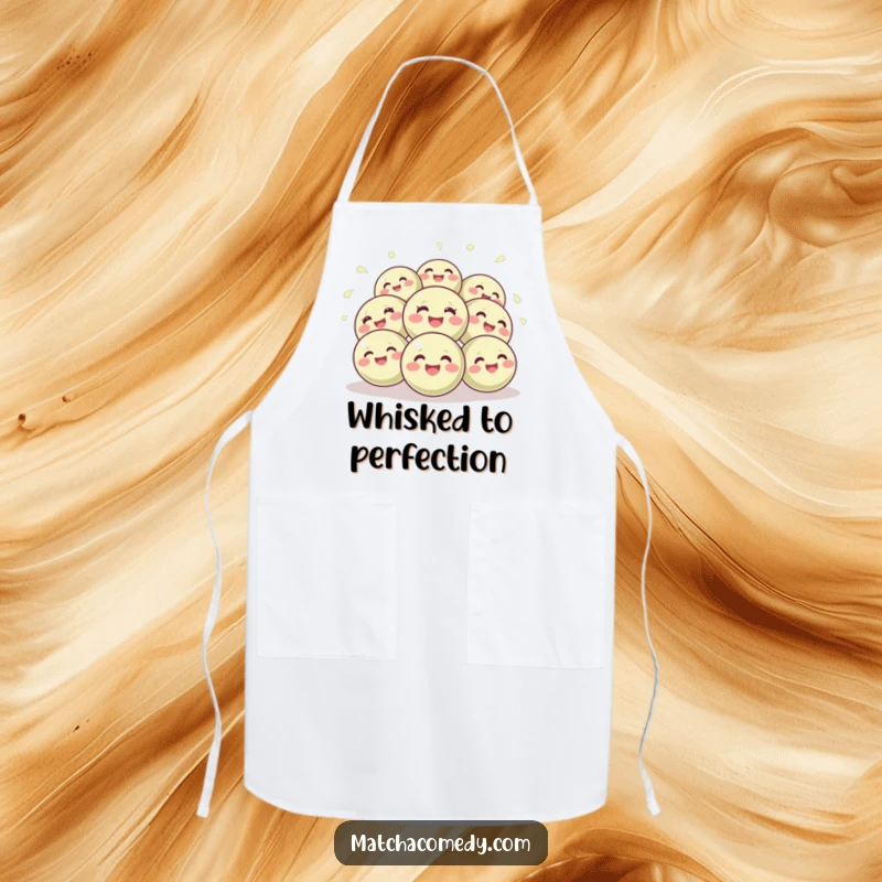 Funny apron designed for chefs, showing a cheerful group of giggling matcha balls bouncing with excitement, ready for kitchen fun.