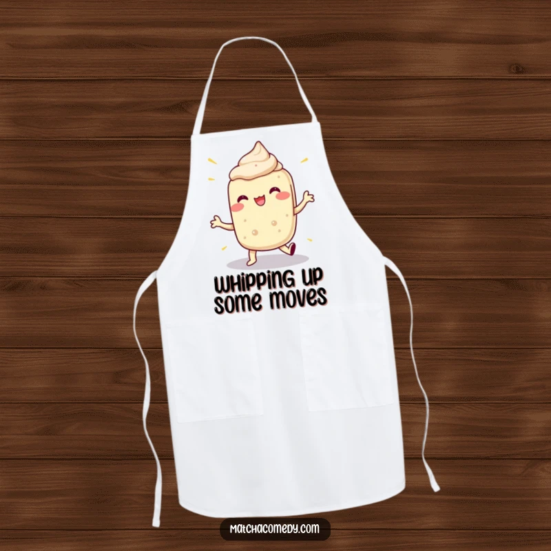 Funny apron showing a matcha dessert in a lively, exaggerated dance, perfect for a humorous and functional kitchen accessory.