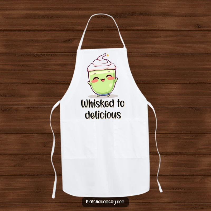 Funny, vibrant matcha latte in a playful whisking pose, featured on this practical and humorous kitchen apron.