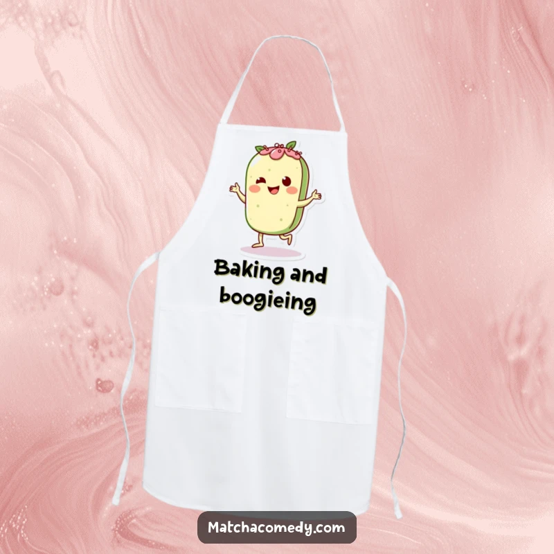 Funny Matcha Pastry Charleston Apron: A cute character dancing lively, perfect for adding humor and style to cooking.