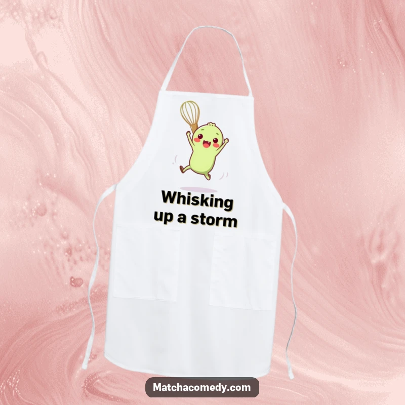Funny apron depicting a small, anthropomorphic matcha whisk performing a funny acrobatic move, perfect for agile cooking.