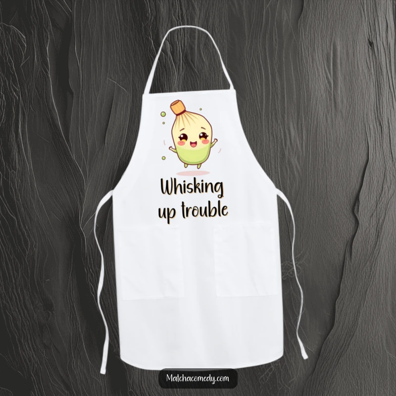 Funny Matcha Whisk Apron: A cute character spinning happily, perfect for adding humor to cooking and baking.