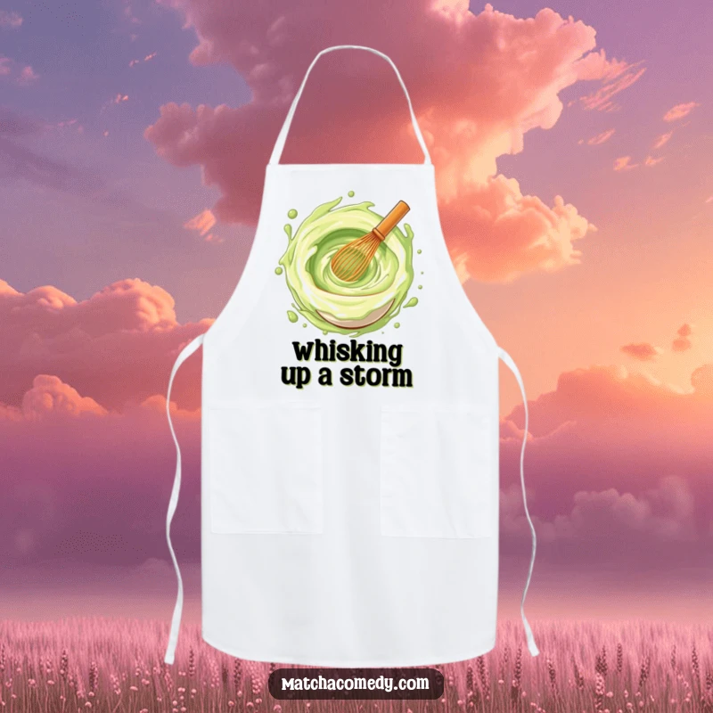 Funny matcha whisk creating a swirling vortex of joy on a kitchen apron, perfect for culinary fun.