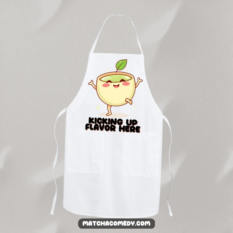 Funny apron depicting a smiling matcha bowl with tiny legs performing a celebratory kick, perfect for energetic cooking.