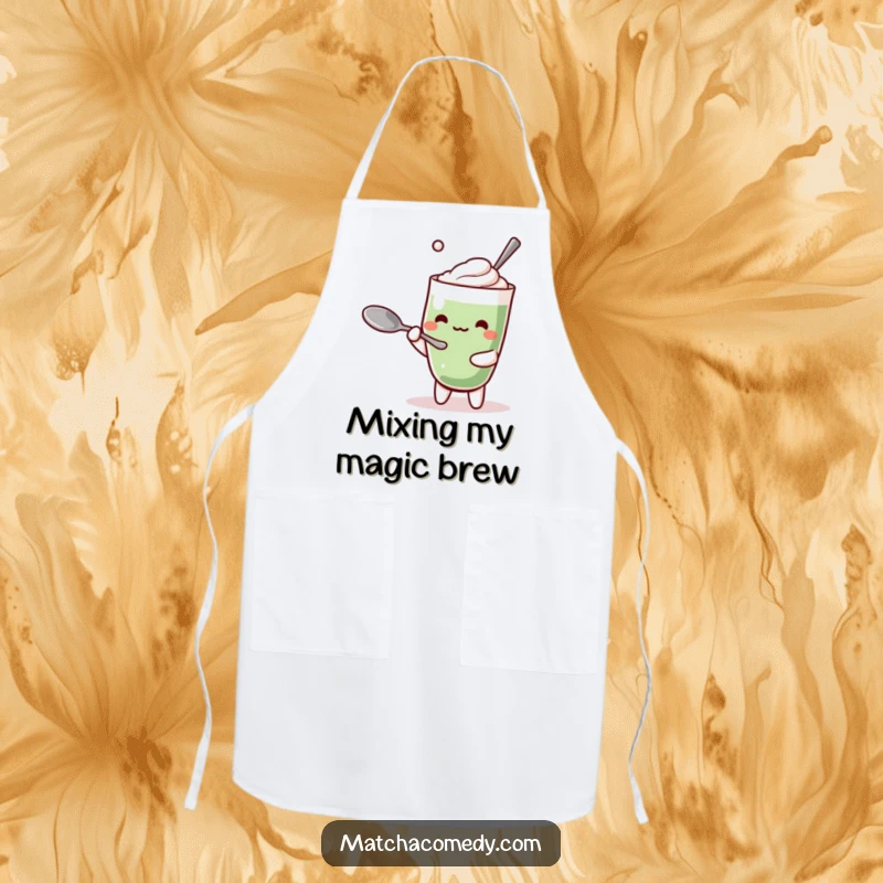 Funny Kawaii Matcha Latte Apron: A humorous and practical kitchen accessory with a cute character balancing a spoon.