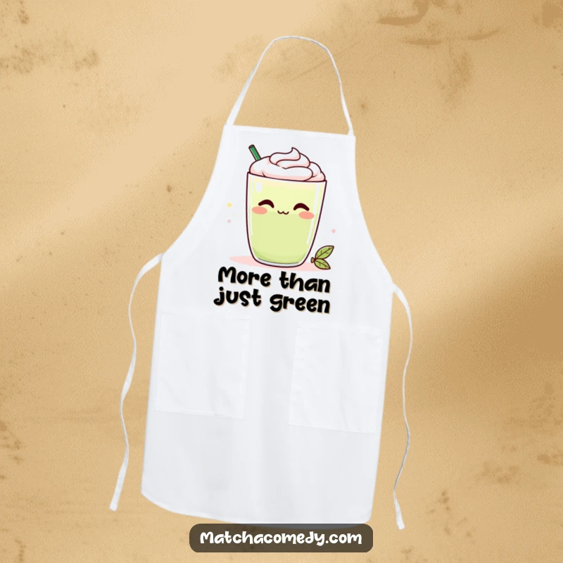 Funny Kawaii matcha latte apron with a cheeky smirk, a humorous and practical kitchen accessory perfect for gifting.