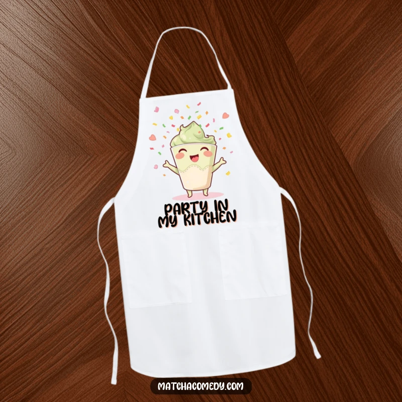 Funny happy matcha cup apron, joyfully throwing confetti while cooking, adding festive cheer to kitchen tasks.