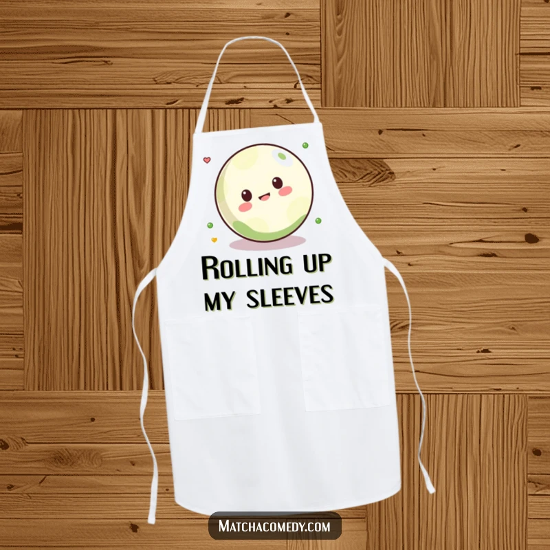 Funny Kawaii matcha ball playfully rolling across a durable apron, adding humor to cooking and baking.