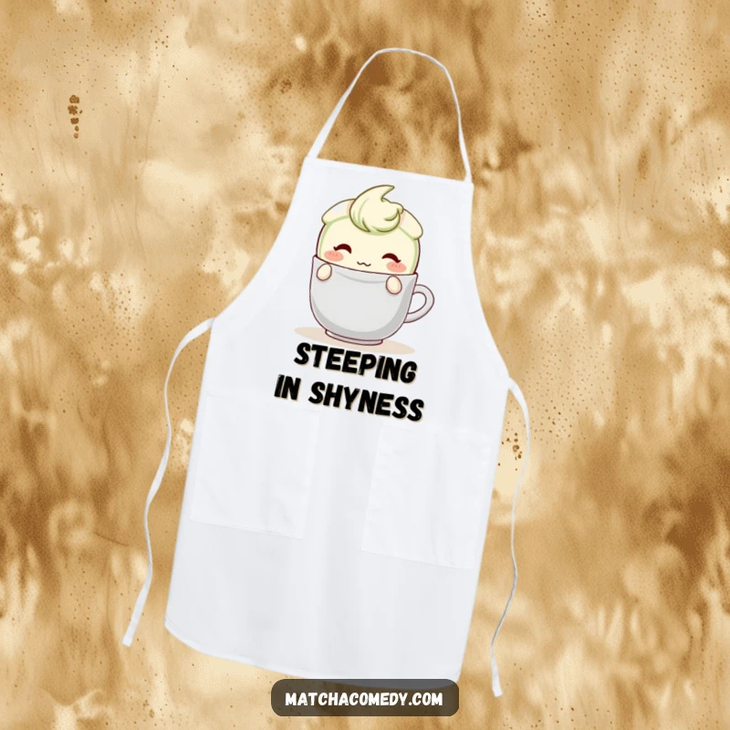 Funny Matcha Latte Apron featuring a blushing character shyly hiding behind a teabag, adding a sweet and charming touch to kitchen activities.