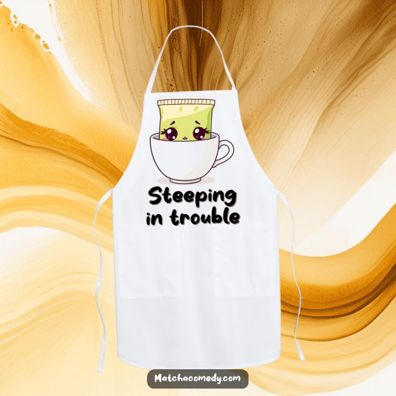 Funny surprised matcha tea bag design on a kitchen apron, peeking from a cup with shocked eyes, great cooking gift.