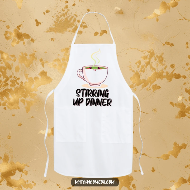Funny matcha tea cup character happily stirring ingredients, bringing a smile and calm humor to this functional kitchen apron.