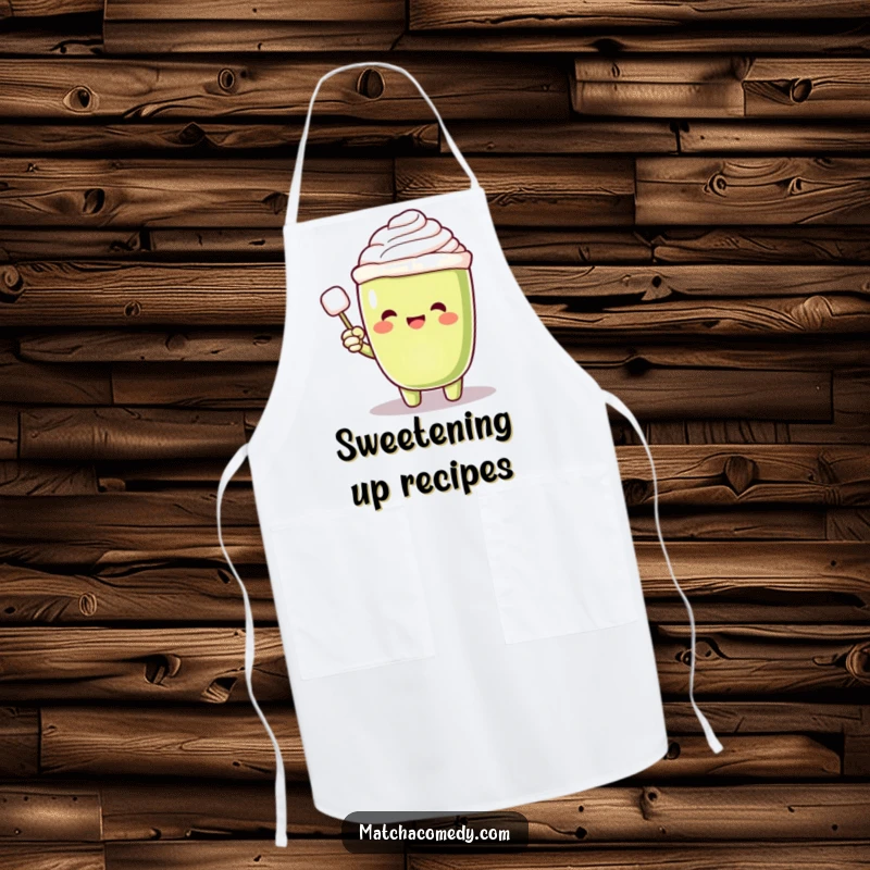 Funny Matcha Latte Apron featuring an excited character pointing at a floating sugar cube, bringing a sweet and cheerful vibe to cooking.