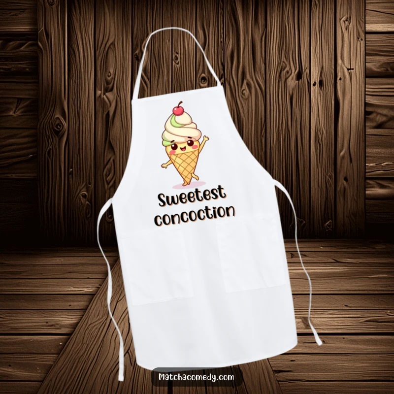 Funny Matcha Ice Cream Cone Apron with a happy character doing a sweet dance and a cherry on top.