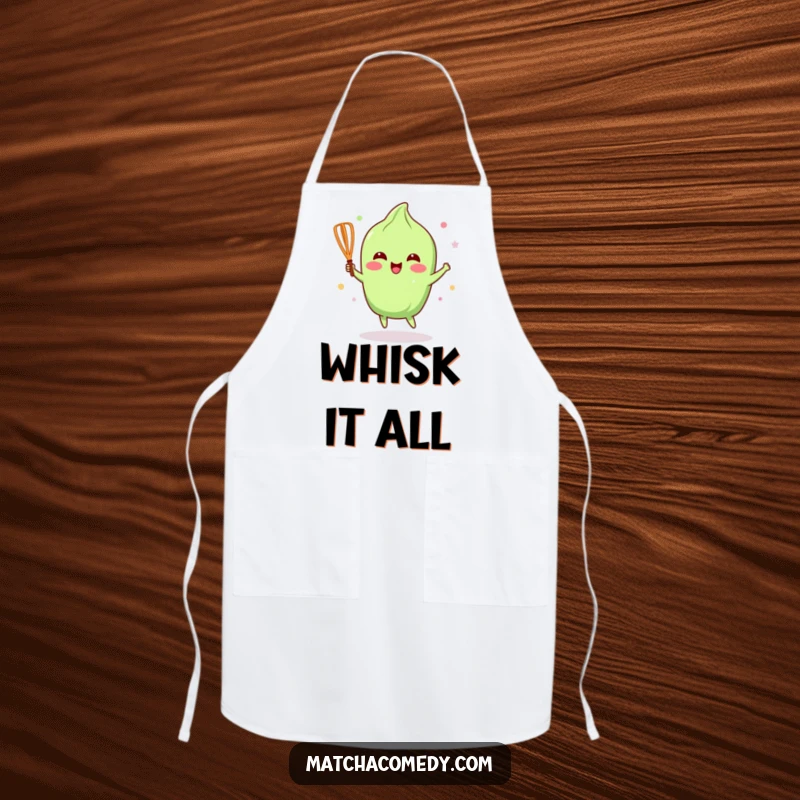 Funny Matcha Whisk Apron: A kawaii matcha whisk dances with joy, making kitchen tasks feel more delightful.