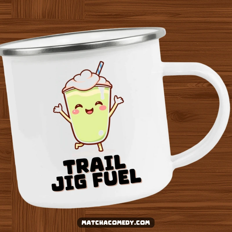 Funny Kawaii matcha latte camping mug featuring a happy dancing character, built for adventure and good times.