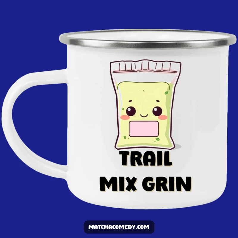 Adventure Funny Matcha Powder Grin Camping Mug: Kawaii Character, Outdoor Gift