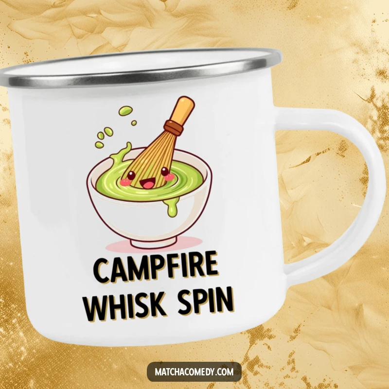 Funny Kawaii matcha whisk camping mug featuring a spinning character, built for outdoor enjoyment and playful vibes.