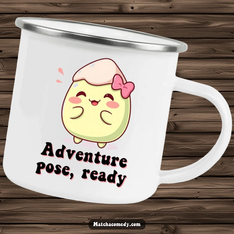 Funny Kawaii matcha mochi in a comical pose on a sturdy camping mug, perfect for outdoor fun.