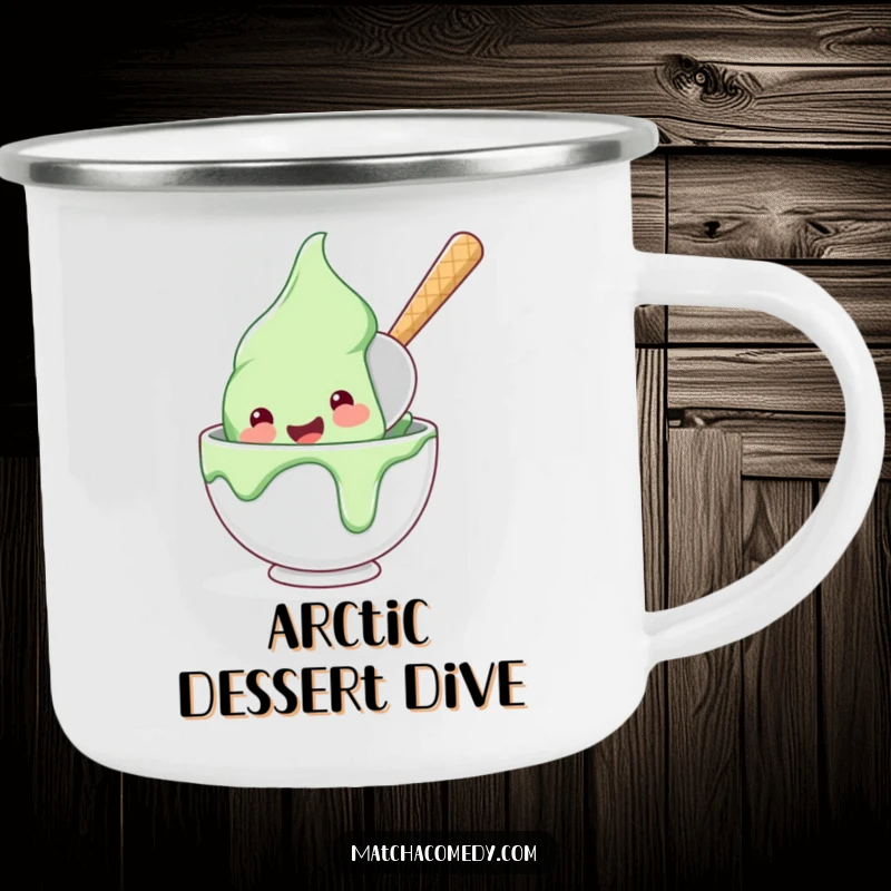 Funny, happy matcha ice cream scoop diving into a bowl, perfect for this rugged and humorous camping mug.