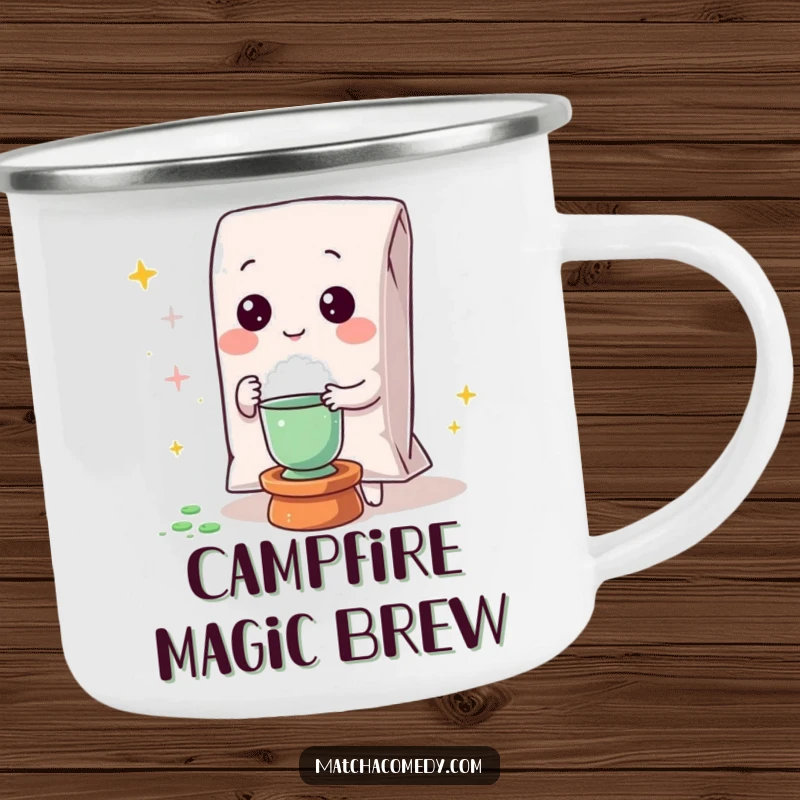 Funny Kawaii matcha powder bag performing a magic trick on a sturdy camping mug for enchanted journeys.