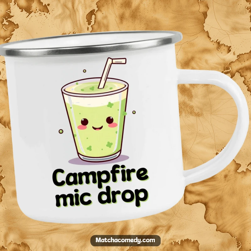 Funny Kawaii matcha drink doing a mic drop on a rugged camping mug, ready for any adventure.
