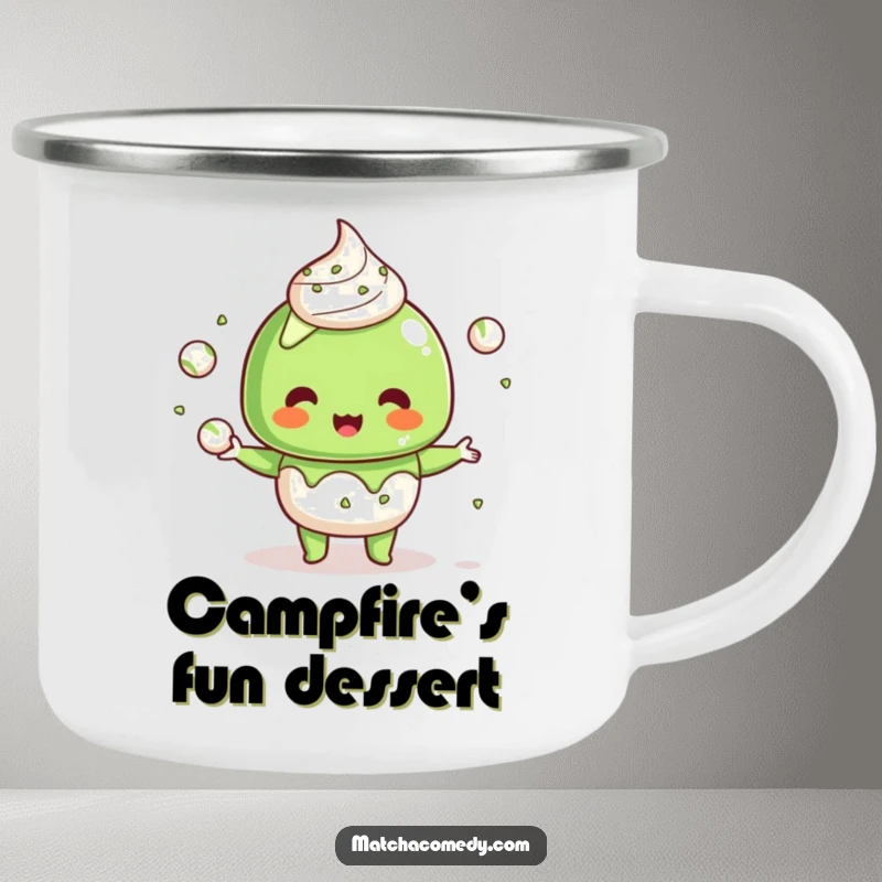 Funny Kawaii Matcha Dessert Camping Mug: Durable and portable, featuring a cute character juggling small matcha balls on adventures.