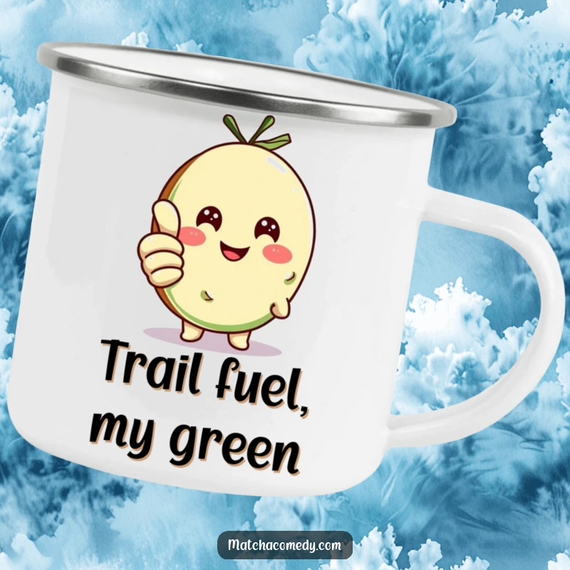 Funny matcha cookie character giving a thumbs up, printed on a rugged camping mug, ready for outdoor adventures.