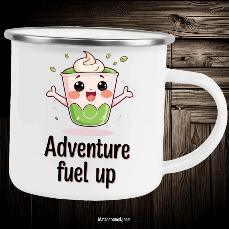 Funny Matcha Cup Camping Mug: A kawaii matcha cup bounces with joy on this rugged mug, perfect for energetic outings.