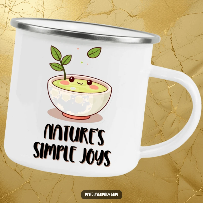 Funny Kawaii matcha bowl character amused by a floating leaf, enamel finish, perfect for outdoor beverages.