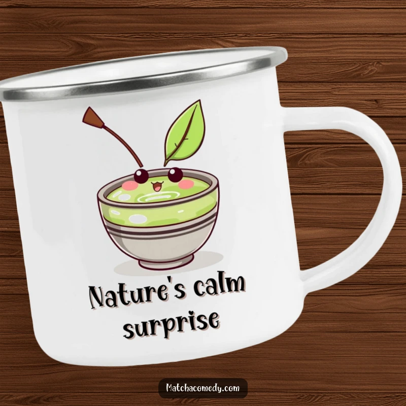 Funny Kawaii Matcha Bowl Camping Mug: Durable and portable, featuring a cute character amused by a floating leaf on adventures.