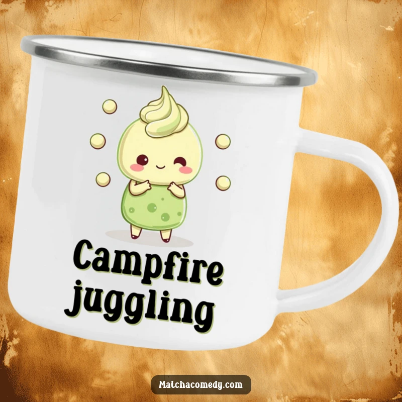 Funny Kawaii matcha dessert character juggling tiny matcha balls, enamel finish, perfect for outdoor treats.