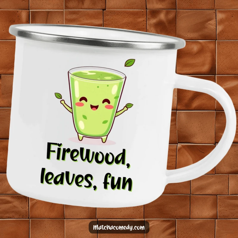 Funny Kawaii Matcha Juggling Camping Mug: A happy matcha beverage juggling tea leaves, perfect for outdoor fun.