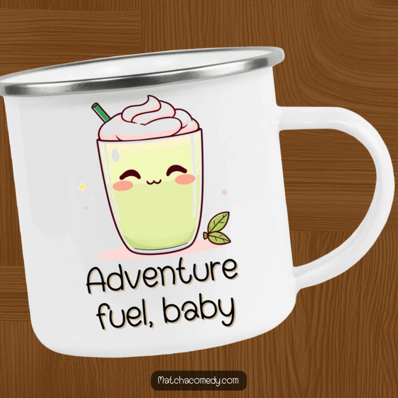 Funny Kawaii matcha latte camping mug with a cheeky smirk, built for adventures and sure to bring humorous smiles, great outdoors gift.