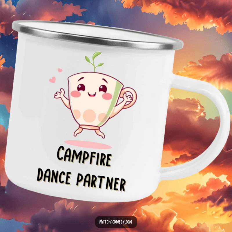 Funny matcha dancer camping mug showing a cheerful tea cup character dancing, perfect for outdoor fun and cheerful energy.