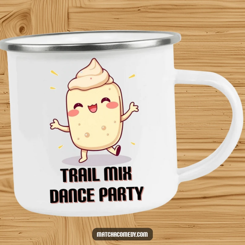 Funny camping mug with a vibrant matcha dessert doing a hilarious dance, built for adventure and smiles.