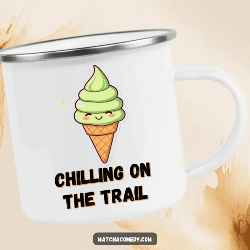 Funny matcha ice cream cone in a cheerful spin, designed for a rugged camping mug. Perfect for outdoor enthusiasts.