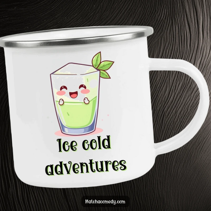 Funny smiling matcha ice cube leaping from a glass, designed for a rugged camping mug. Perfect for outdoor enthusiasts.