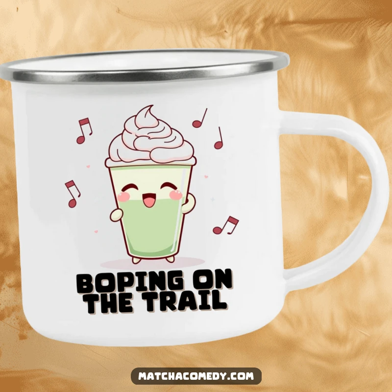 Funny matcha latte cup bobbing rhythmically to music, perfect for sipping on adventures with this camping mug.