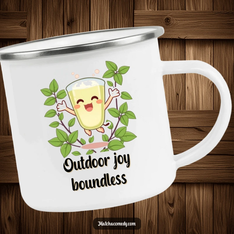 Funny Matcha Latte Camping Mug with an excited character joyfully jumping surrounded by green leaves, perfect for outdoor enthusiasts who love vibrant designs.