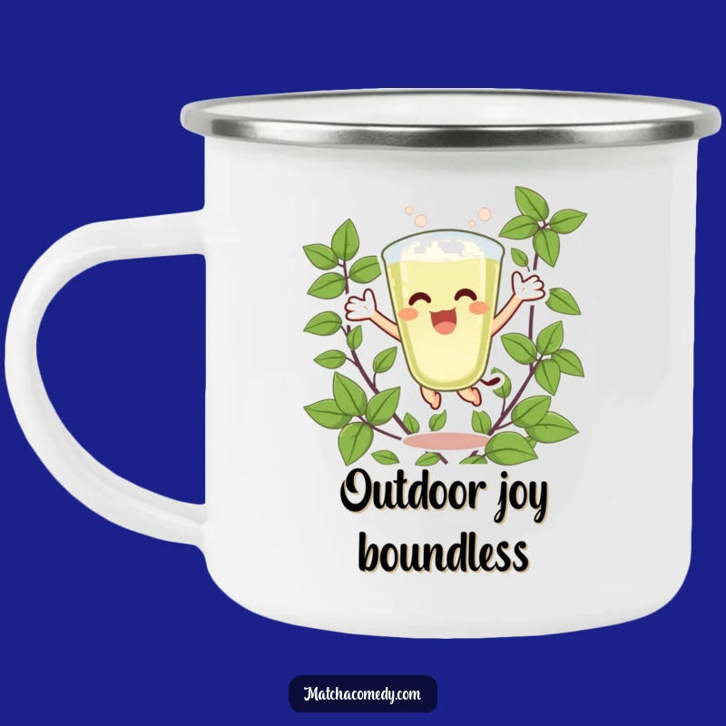 Funny Matcha Latte Joy Camping Mug: Excited Jumper, Green Leaves, Outdoor Gift