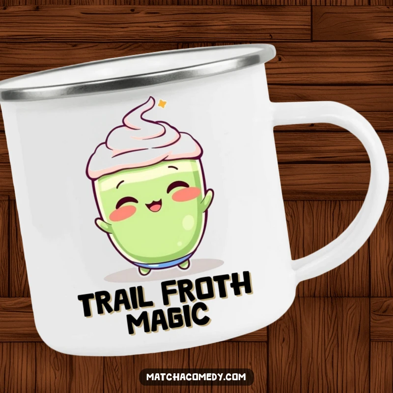 Funny, vibrant matcha latte in a playful whisking pose, perfect for this rugged and humorous camping mug.