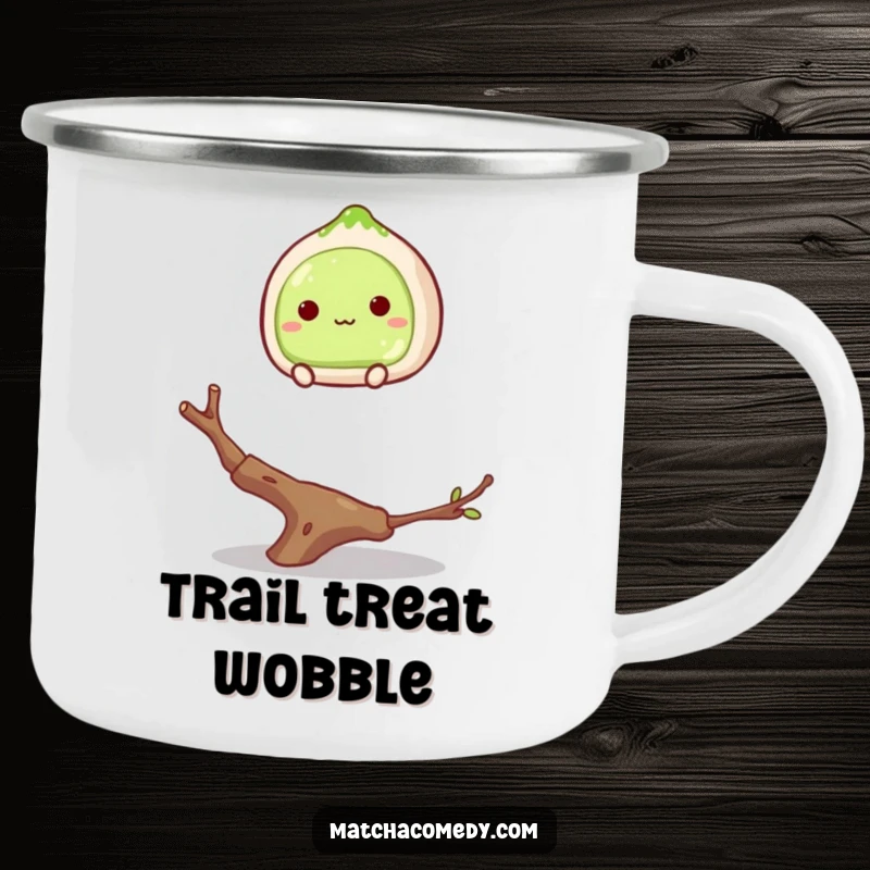 Funny matcha mochi balancing on a twig on a camping mug, about to tumble, perfect for outdoor enjoyment.